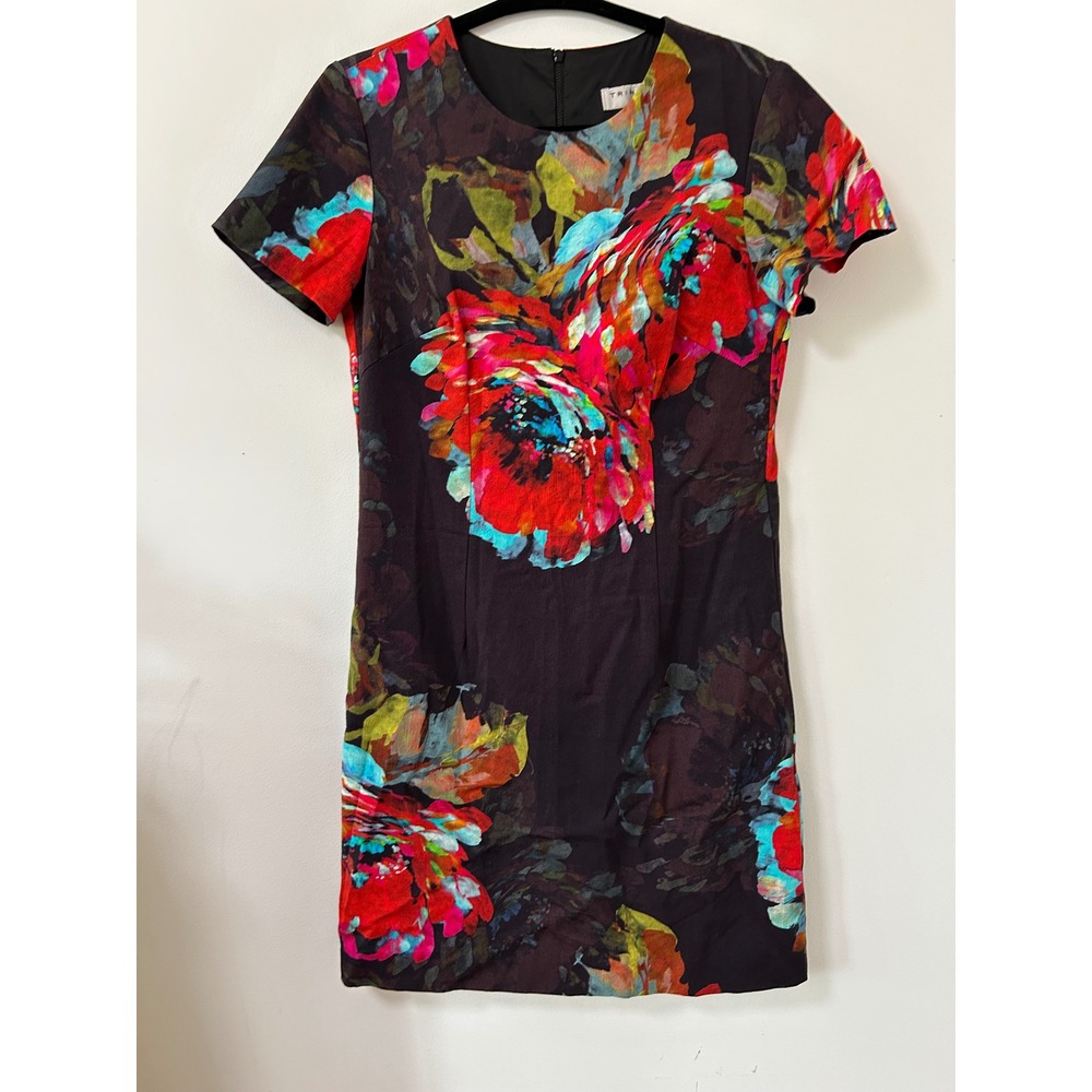 Trina Turk Floral‎ Print Shift Dress Womens 4 Black Multicolored Artistic Mod